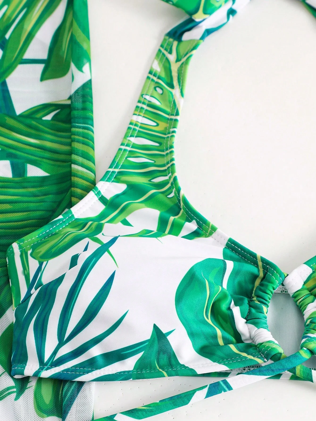 

Summer Tropical Leaf Print Halter Neck Bikini Set Including Matching Cover-Up Pants