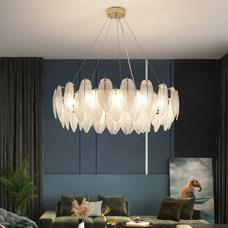 Luxury Villa Led Chandelier Feather Glass Gold Metal for Living Dining Table Room Bedroom Pendant Lights Home Decor Lustre Lamp