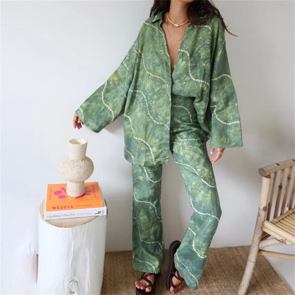 

Women Print Green Casual Long Sleeve Shirt Pants 2 Piece Set Spring Autumn Turn-Down Collar Top and Wide Leg Long Pant Suit