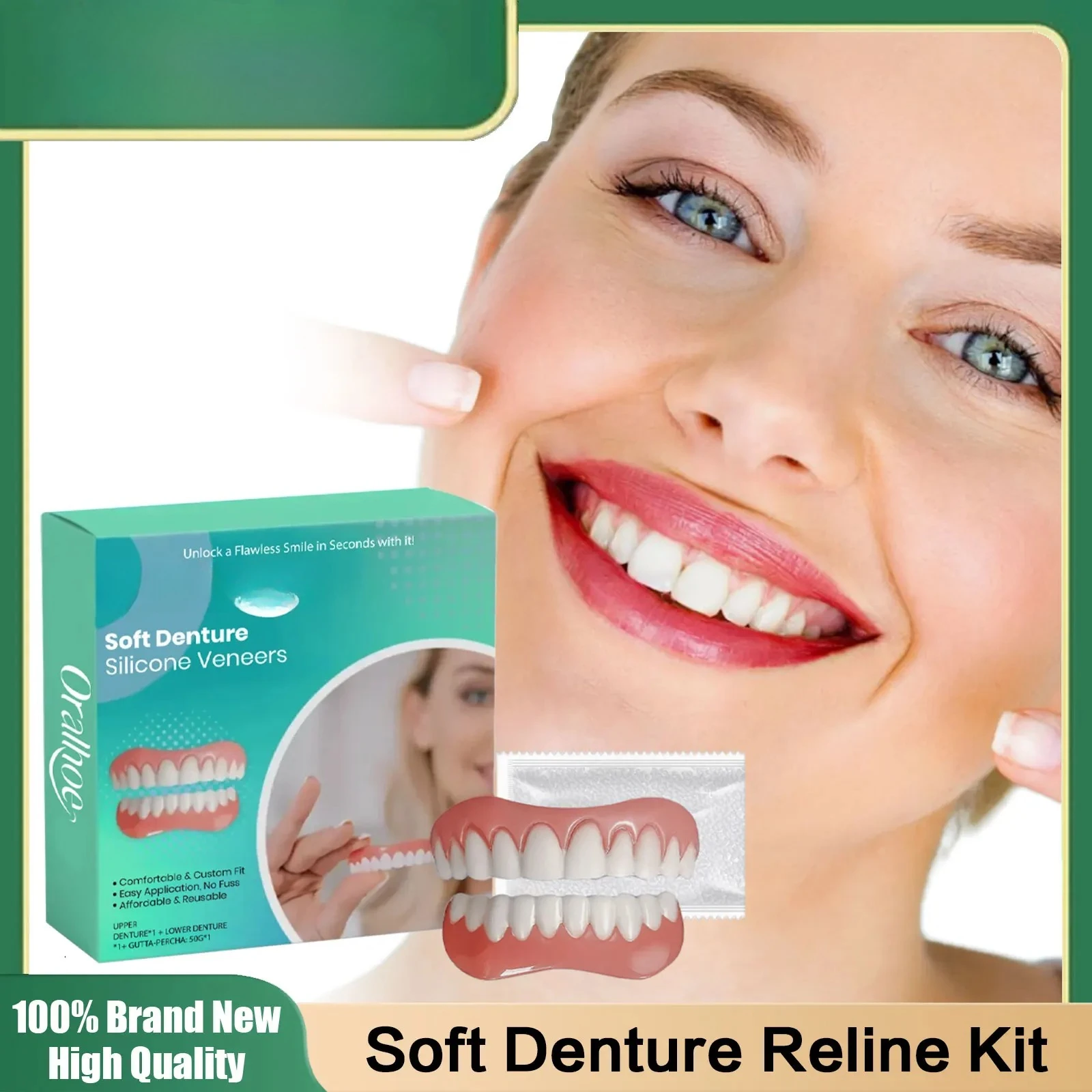 Upper and Lower Dentures Full Set Natural Safe Silicone False Teeth That Fit Oral Repair Missing Dull Tooth Portable Soft False