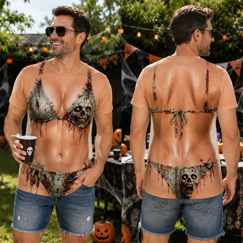 Unisex Halloween 3D Optical Illusion T‑Shirt, Fake Bikini Muscle Print Funny Prank Tee Spider Pumpkin Party Tops for Men Women