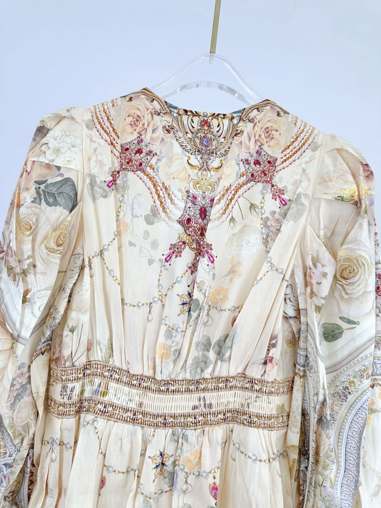 Cristal frisado feminino amarelo em camadas vestido floral impressão rendas bordado retalhos com decote em v manga longa moda seda mini robe