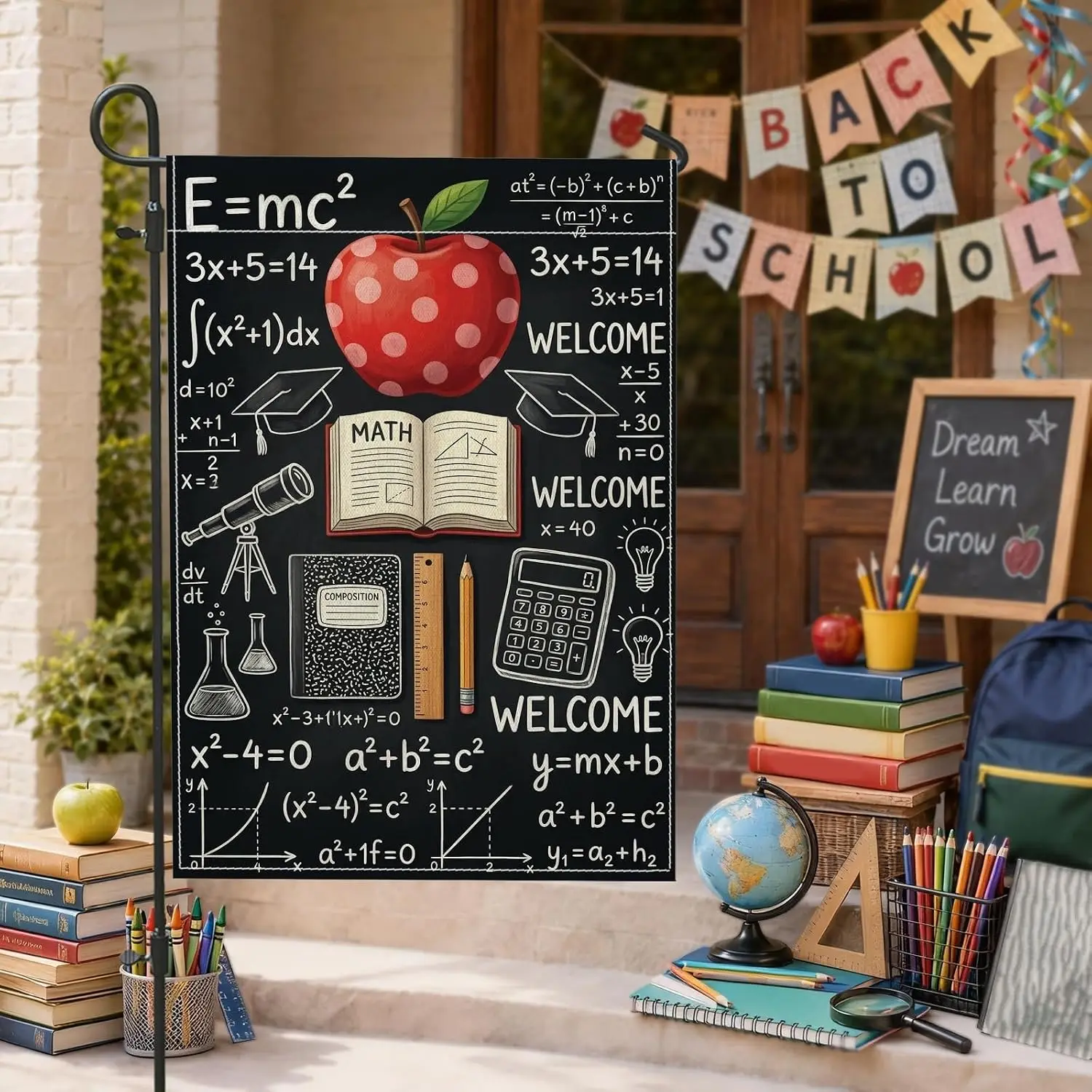 Fruits Garden Flag, Educational Seasonal Math Calculator Back to School Red Burlap Double Sided Decorative Outside Flags for aaz