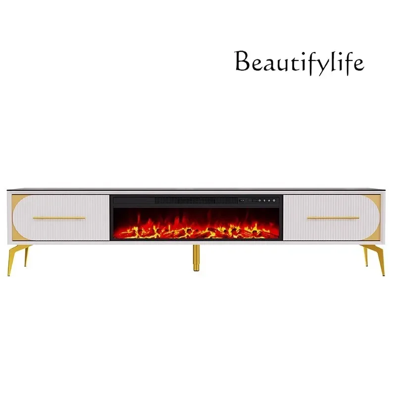 

Light luxury fireplace TV cabinet living room simulation flame solid wood rock slab decorative fireplace rack heating furnace