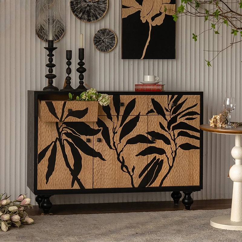 Combination entrance cabinet, solid wood engraved pattern dining side cabinet