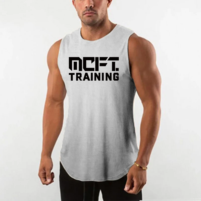 Mens Running Fitness Vests Polyester Quick Dry  Gym Bodybuilding Printed Summer Breathable Round Neck Workouts Sleeveless Shirts