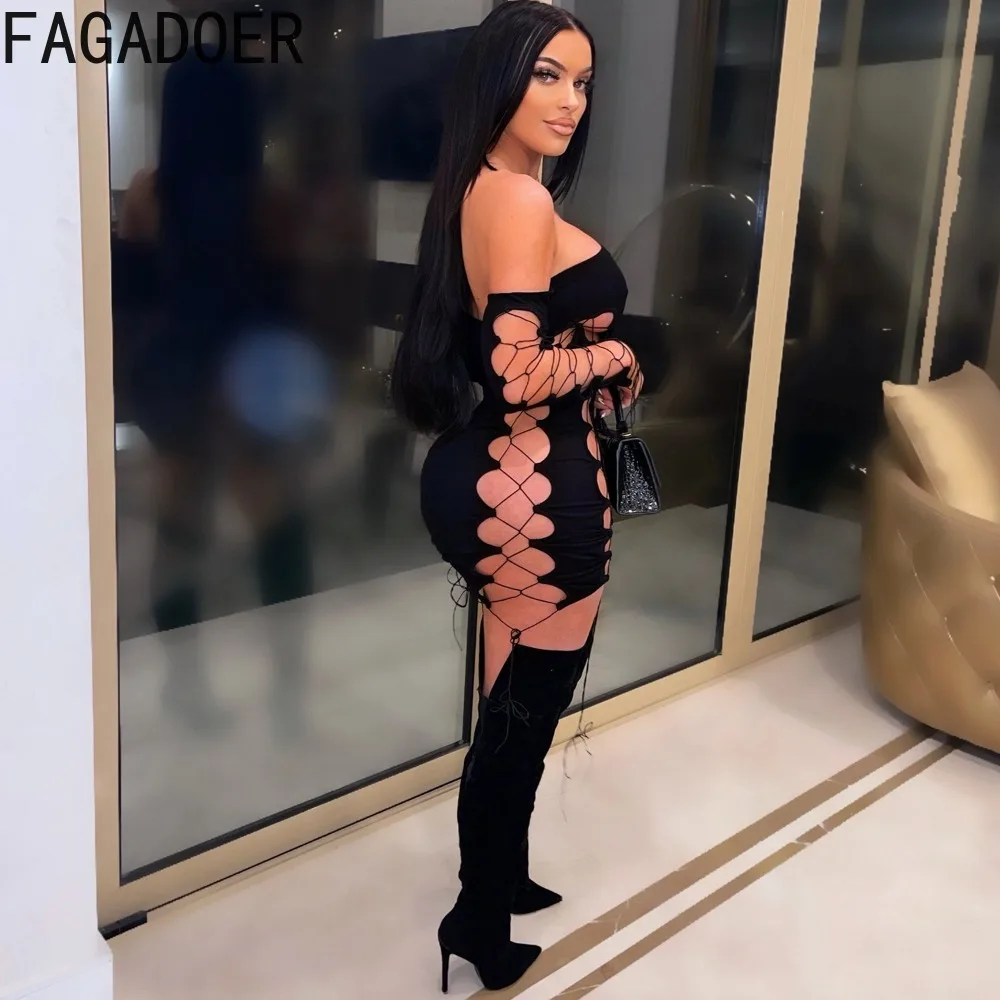 FAGADOER Black Sexy Solid Color Hollow Out Bandage Off Shoulder Mini Dress 2024 Women Backless Long Sleeve Slim Lace Up Vestidos