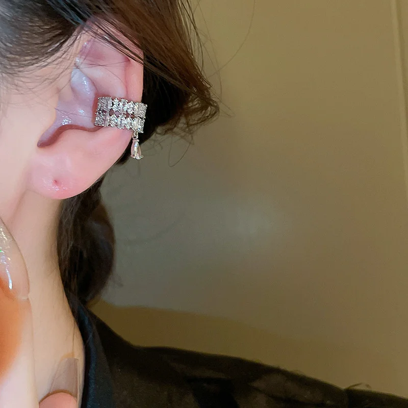 1Pc Simple Luxury Double Layer C-Shaped Ear Clip Crystal Zircon Cuff Earrings Rhinestone No Piercing Water Droplet Clip Earring