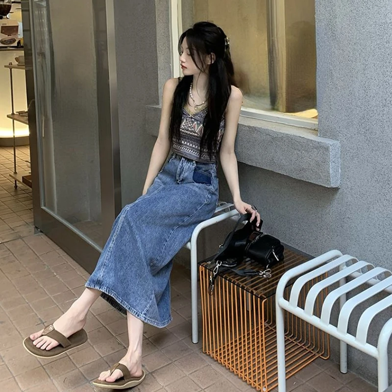 

Denim Skirts Women Patchwork Chic Vintage American Style Designed Streetwear Ulzzang Student Fashionable Casual All-match Spring