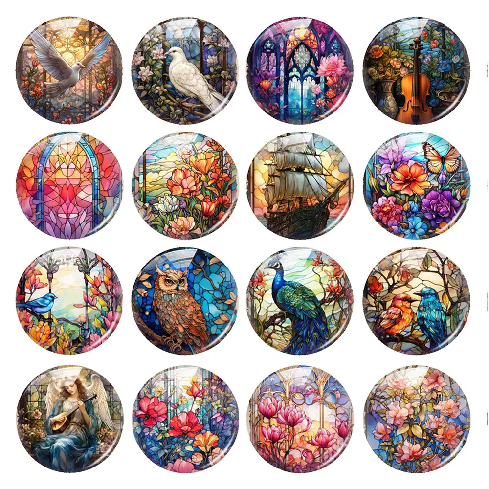 Random Mixed Round/Oval/Square European-style Painted Glass Bird Photo Glass Cabochon Flatback Demo Cameo For Diy Jewelry Making