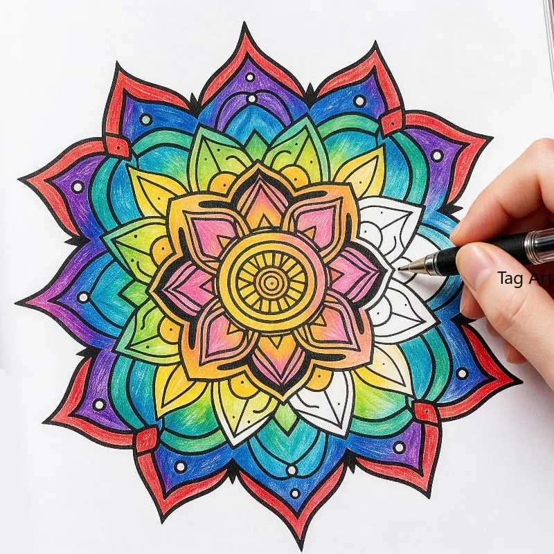 An Adult Decompression Mandala Meditation Coloring Picture Book, Colorful Symmetrical Flower Line Draft Drawing, 36 Patterns