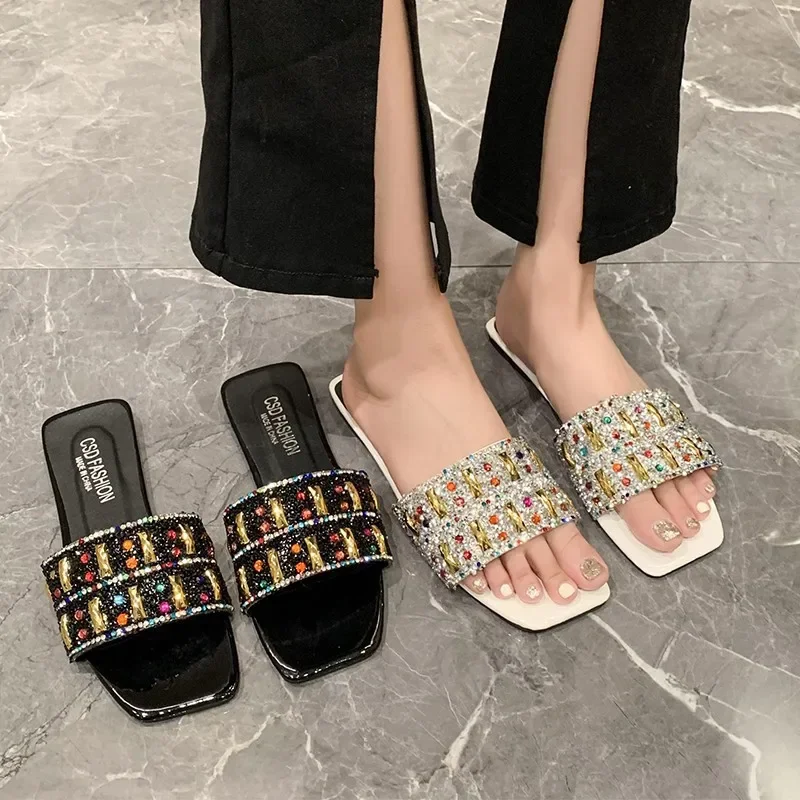 New Style Fashion Women's Slippers Retro Luxury Colored Diamond Flat Bottom Slippers Women's Shoes Popular Sandals Zapatos Mujer
