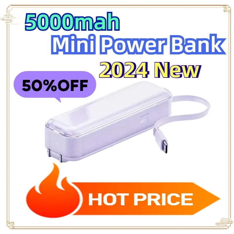 

With Built Cable Type C Power Bank Charger 2024 New Portable Mini Power Bank 5000mah Power Banks with Type C Charging Cable