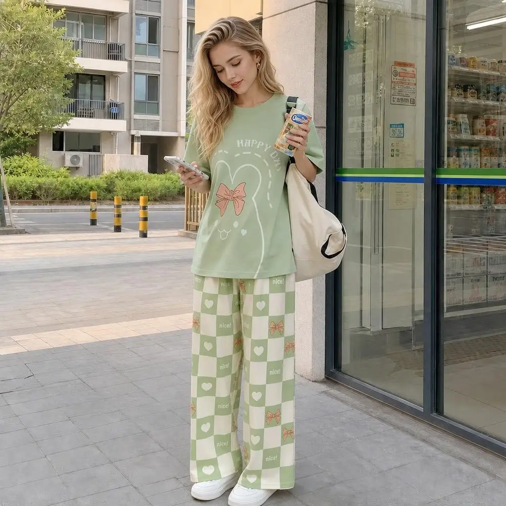 New Pajama Cartoon Cotton Pajamas for Women Summer Short Sleeved Long Pants Sleepwear Korean Fashion Rabbit Print Home Clothing