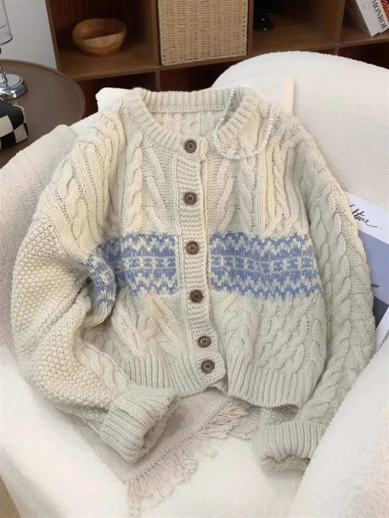 Korean Autumn Winter Elegant O Neck Long Slevee Knitted Cardigan Y2k Harajuku French Vintage Twist Sweater All Match Punk Jumper