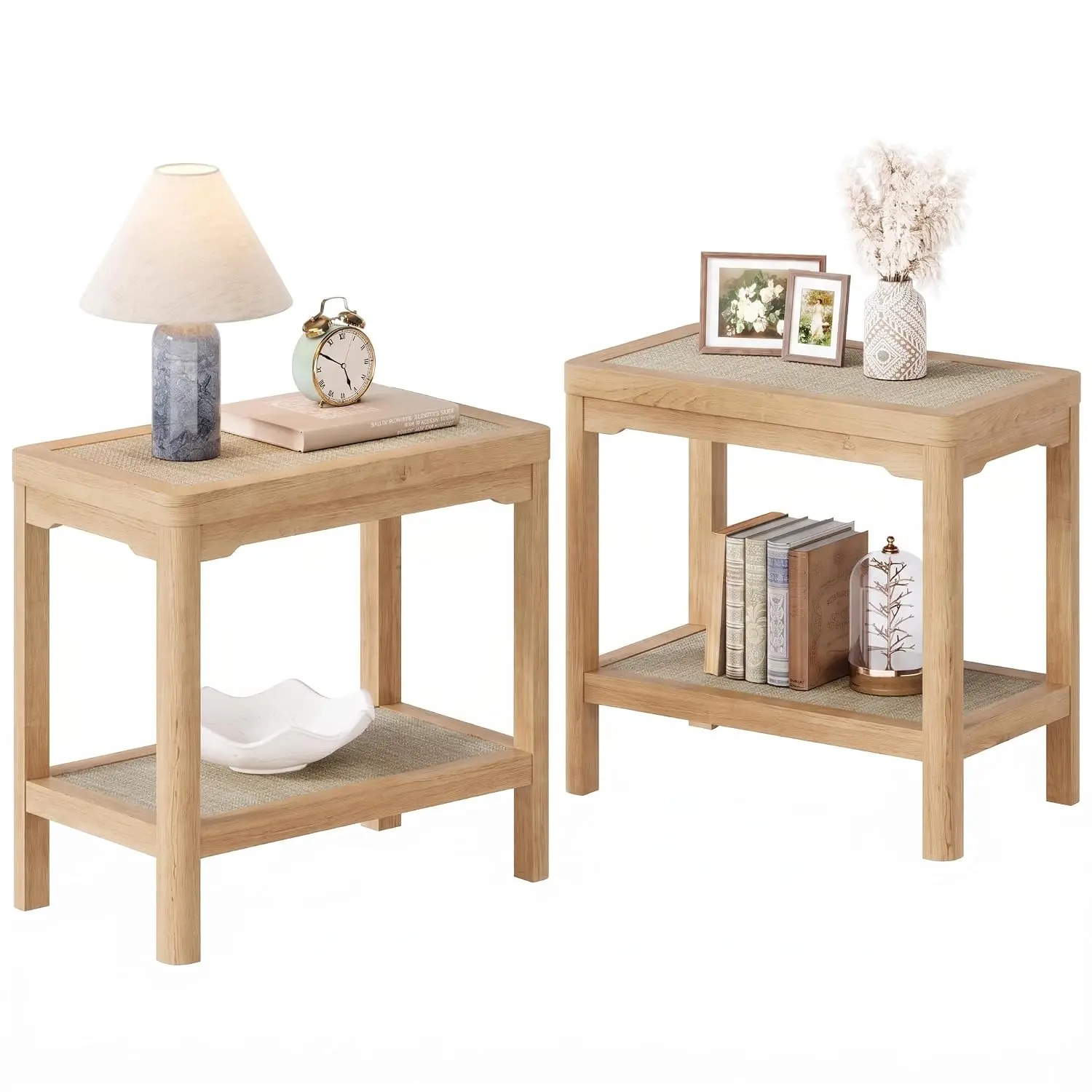 Round Edge Rattan Side Table Set of 2 Bedroom Living Room Small Space, Customized