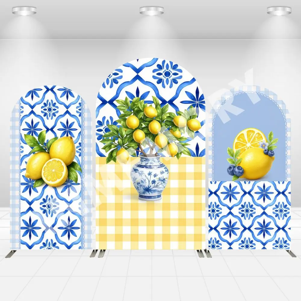 2-Sided Mediterranean Lemon Blue Rose Arch Cover Backdrop Italian Tile Photobooth Background Wedding Bridal Shower Banner