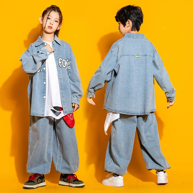 Kid Hip Hop Clothing Long Sleeve Denim Blue Shirt Casual Streetwear Jeans Baggy Pants for Girls Boys Jazz Dance Costume Clothes