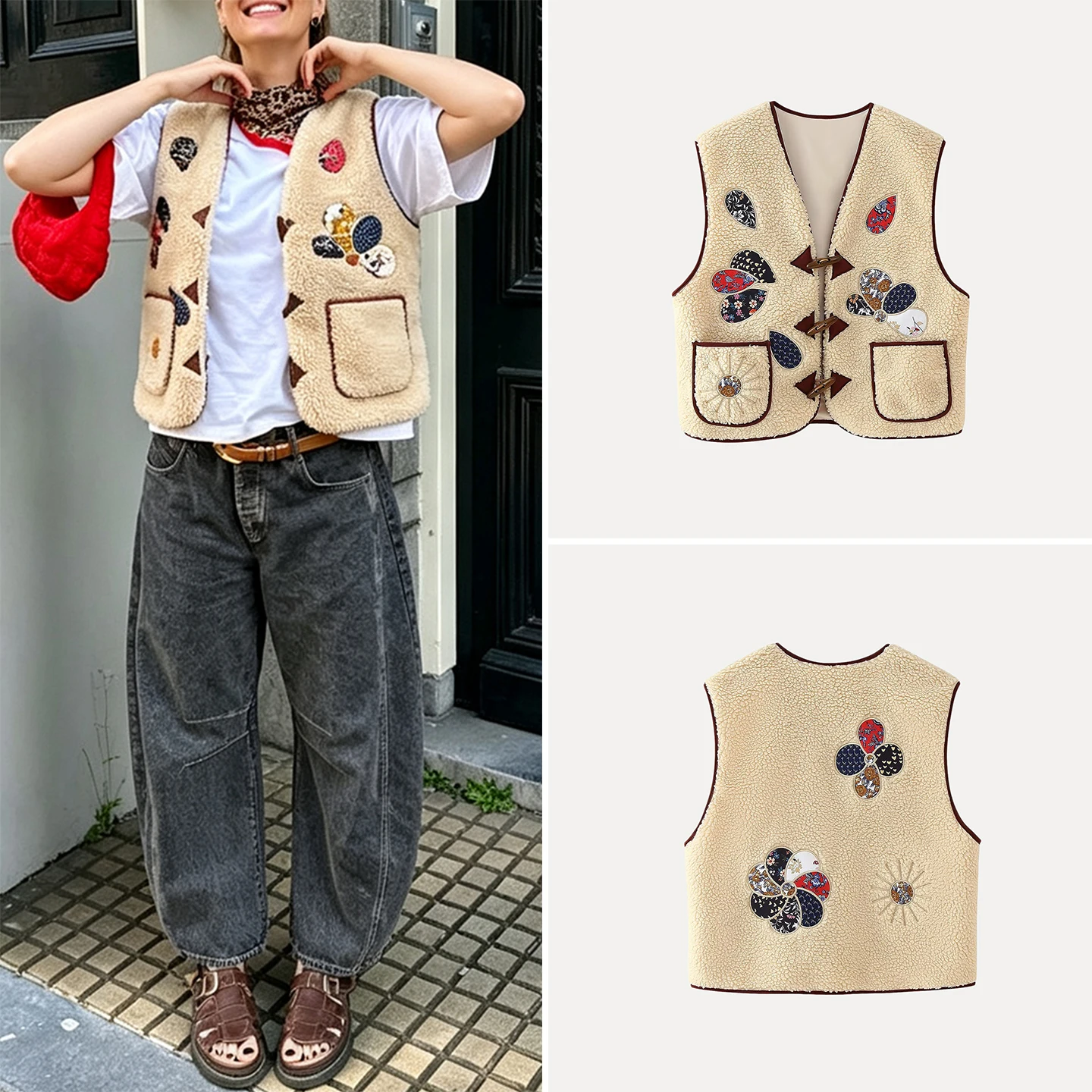Women's Patchwork Embroidered V-neck Button up Floral Print Ethnic Style Vest Top 2026 Autumn New Retro Fashion