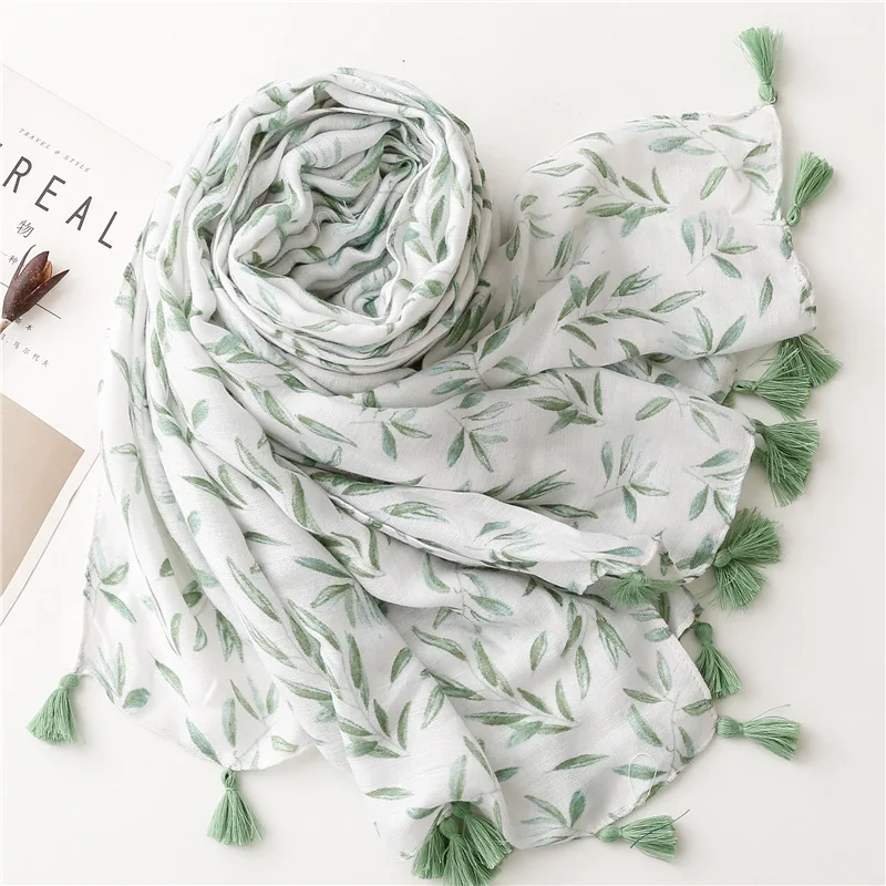 Women's Scarf Korean Fashion Long White Printed Scarf with Green Leaf Pattern Soft Neck Scarf Women's Beach Cape