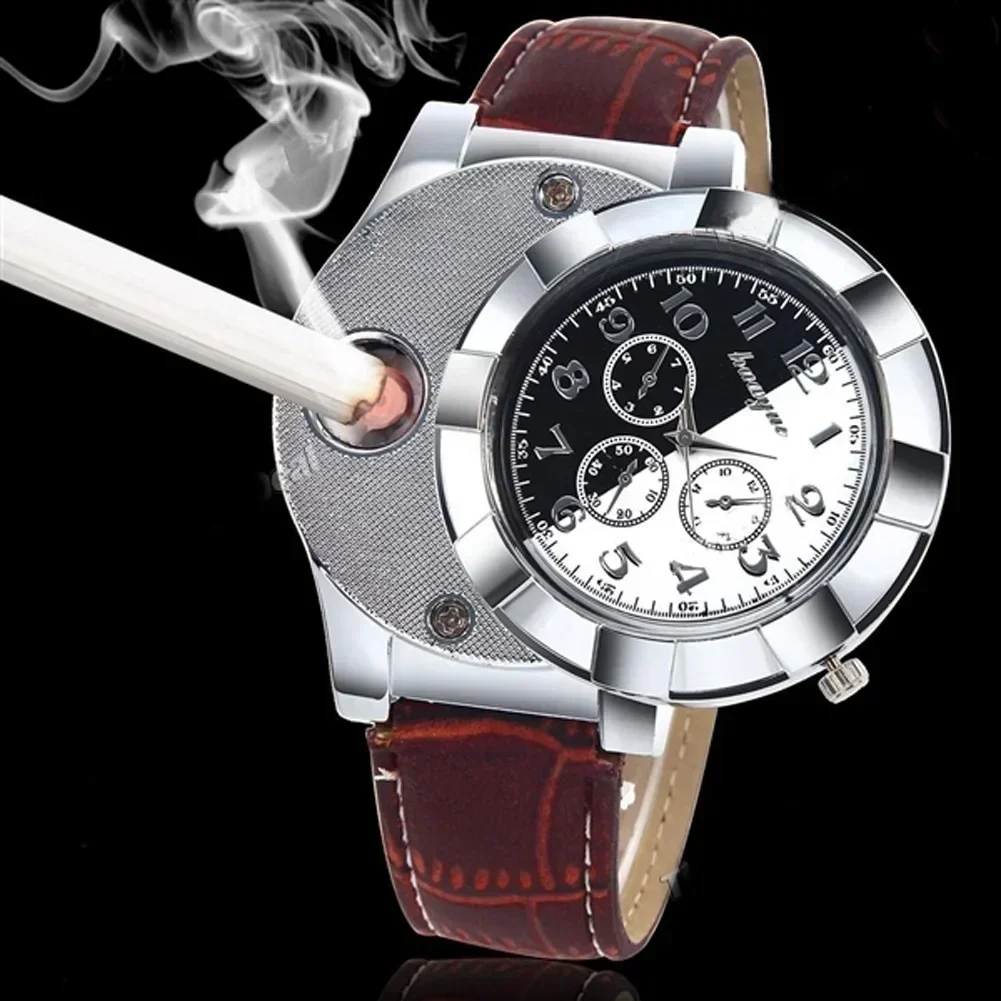 Silent Heating Wire Quartz Electronic Watch Lighter Metal Multifunction Cigarette Lighter USB Charging Silicone Watch Men's Gift