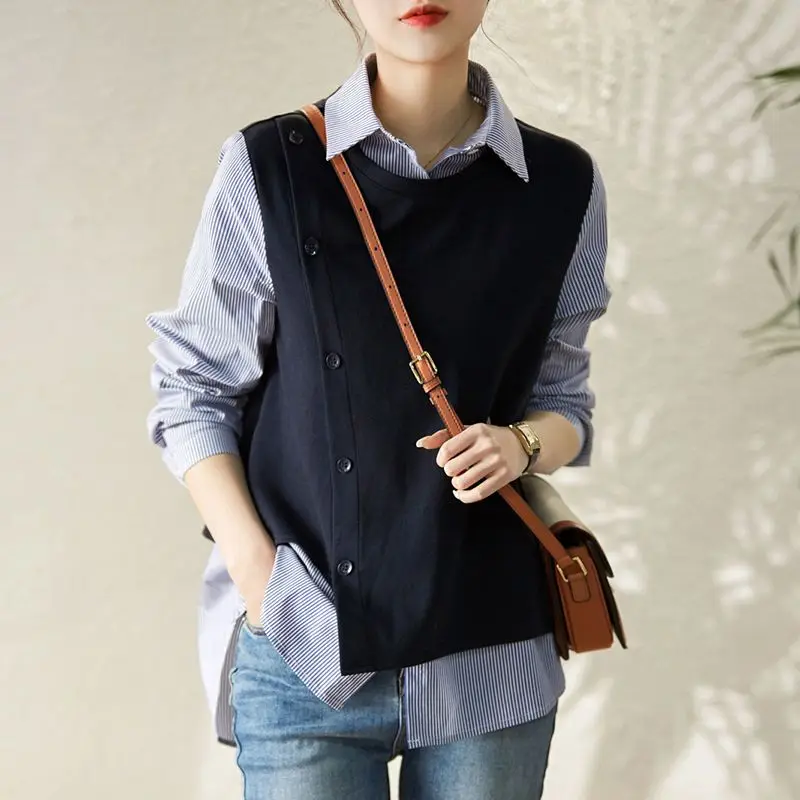 Fashion Button Spliced Knitted Fake Two Pieces Striped Blouse Women's Clothing 2023 Spring New Casual Pullovers Irregular Shirt