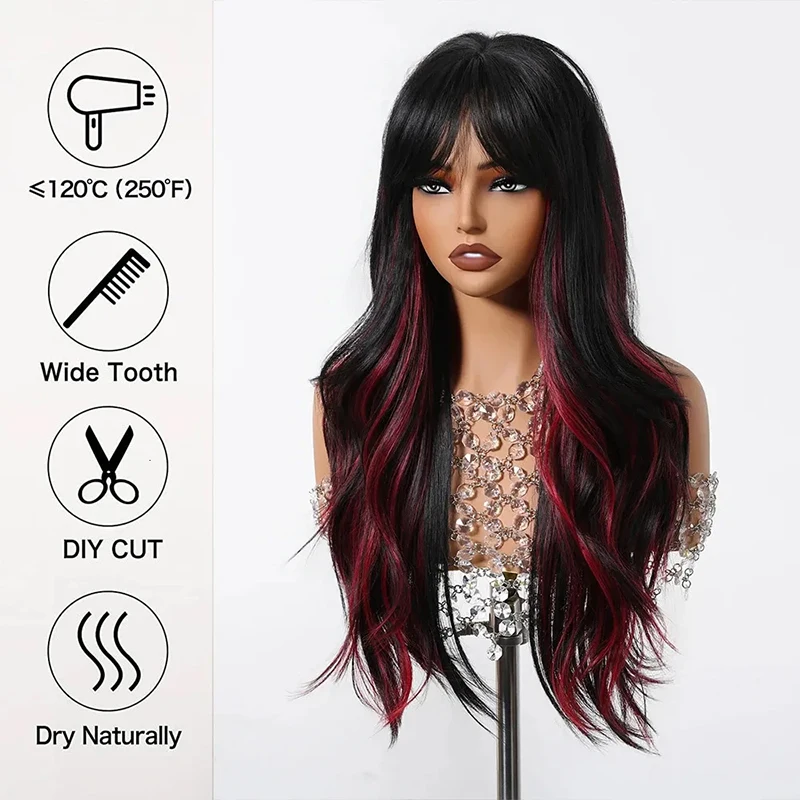 Long Wavy Black Blend Red Wig with Bangs Black Highlight Red Synthetic Wig for Punk Costume Cosplay Colorful Wig