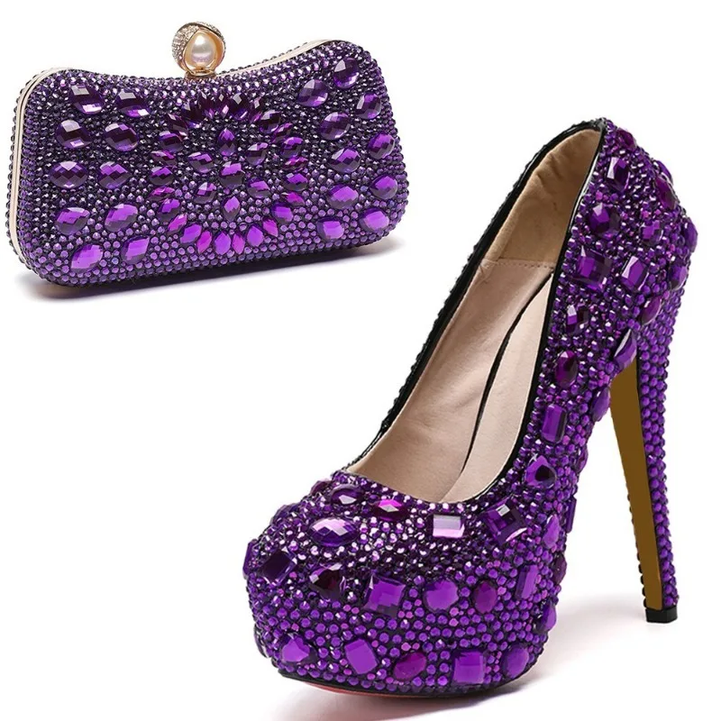 Sexy Nightclub Fashion Women's Pumps Rhinestone Platform Wedding 14CM Thin Heels Round Toe Shallow Party Blue Dance Woman Shoes
