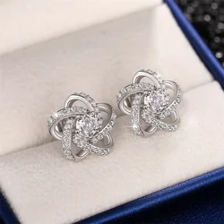 Huitan Dazzling Cubic Zirconia Flower Stud Earrings Female Sparkling Gorgeous Ear Accessories Modern Delicate Wedding Jewelry