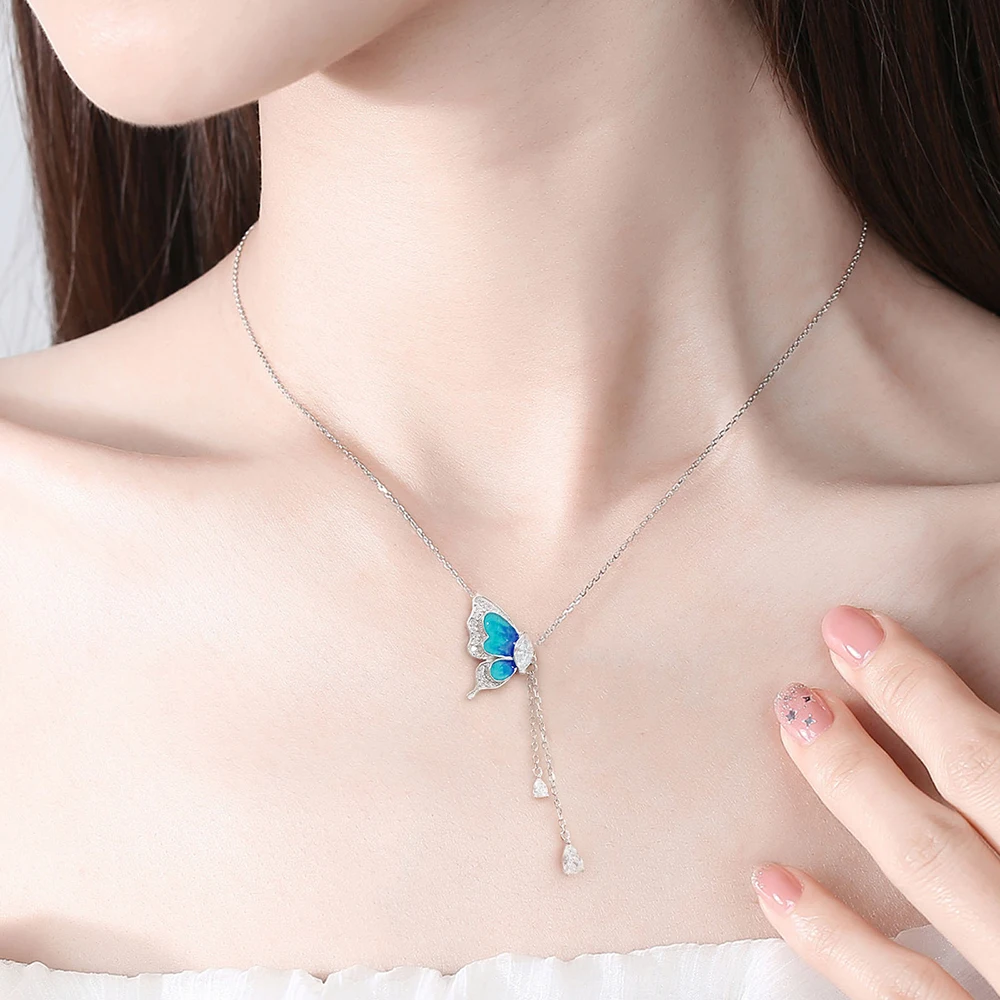 925 Sterling Silver Exquisite Butterfly Pendant Blue Enamel Necklaces Jewelry Mother\'s Day Birthday Gifts for Women Mom Friends