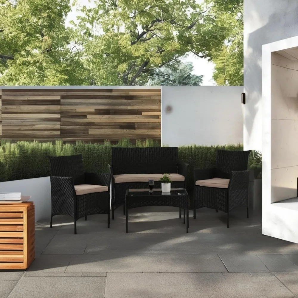 

4-piece Courtyard Furniture Rattan Outdoor Furniture Rattan Sofa Garden Conversation Set, with Soft Cushions and Glass Table