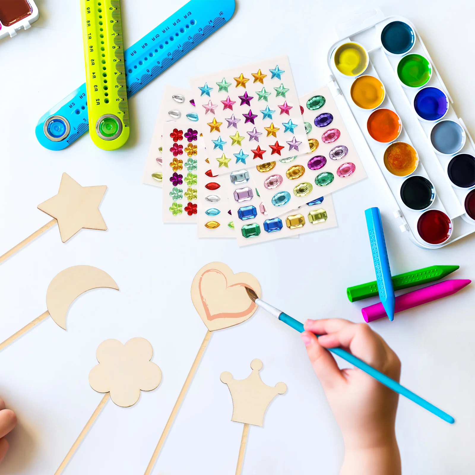 

1Set DIY Fairy Wands Kit Unpainted Wooden Sticks for Children Creative Craft Heart Shape Kids Party