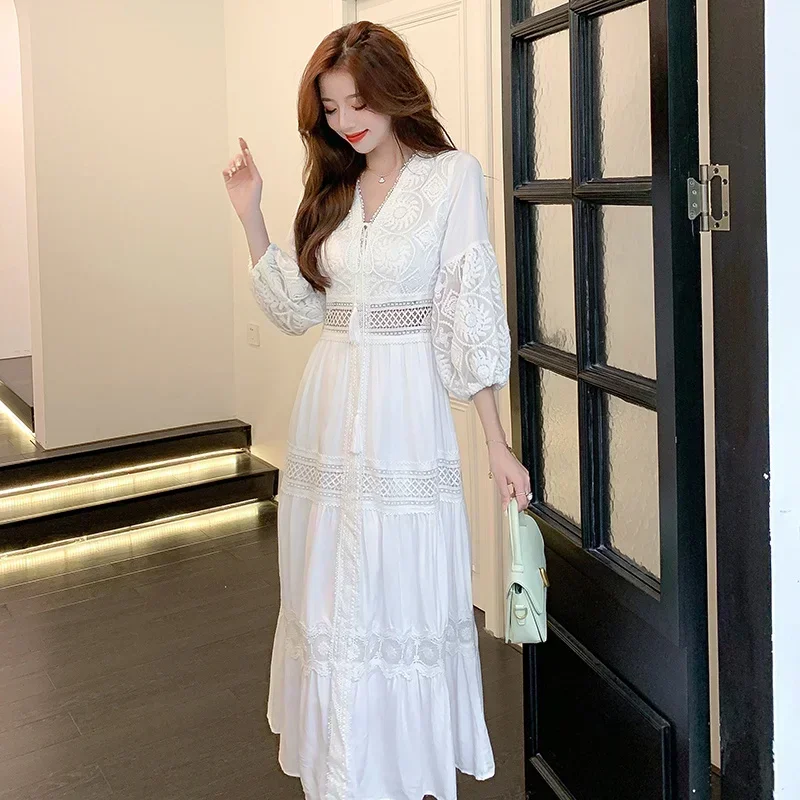 Women Seaside White Holiday Dress Boho V-neck High Waist Embroidery Long Beach Dresses 3/4 Sleeves Hollow A-line Lace Dress