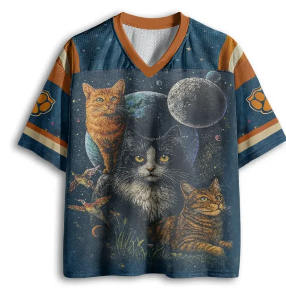 Adult and Children Cat Lover Romantic Style Outfit, Cosmic Cat Family 3D Printed Blue-orange Color Block Jersey T-shirt