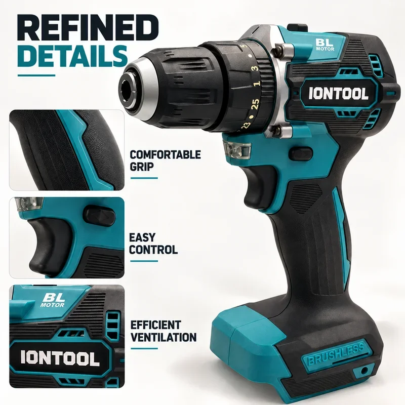 IONTOOL Compact Brushless Cordless Drill Driver 60N.m 0-500/0-1700RPM 10mm Chuck Tool Only for Wood Drilling and Screw Fastening