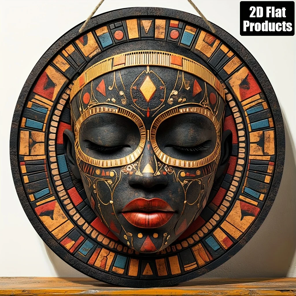 Pintura decorativa de madera redonda plana 2D, arte de pared con tema de máscara africana naranja dorada negra, adecuada para cafetería de cocina y bar