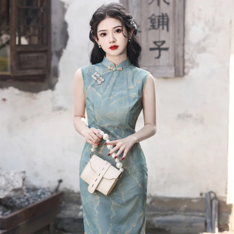 women chinese dress grenadine qipao ladies cheongsams side split China traditional clothes Summer sundress elegant midi dresses