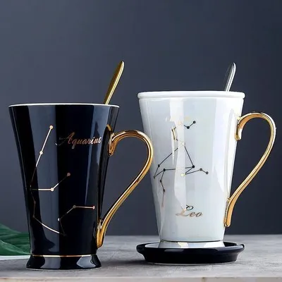 12 Constellations Mug Fashion Drawing Gold Decal Bone China Porcelain Coffee Mugs Creative With Crystal Spoon Zodiac Ceramic Cup