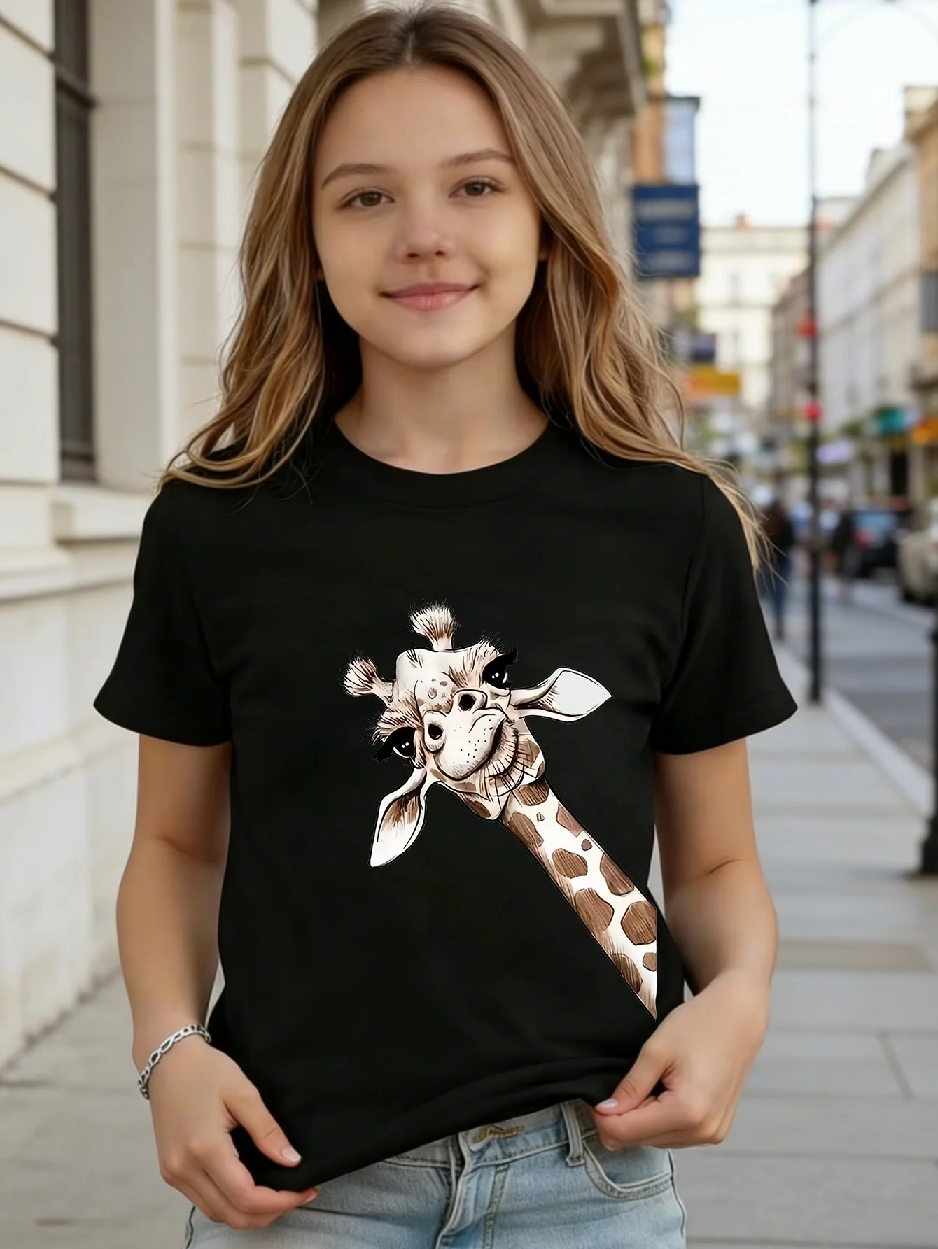 Cartoon Cute Giraffe Head Kids Safari Wild Animal Graphic Print Boys Girls Family Matching Cotton Short Sleeve Children Tshirt