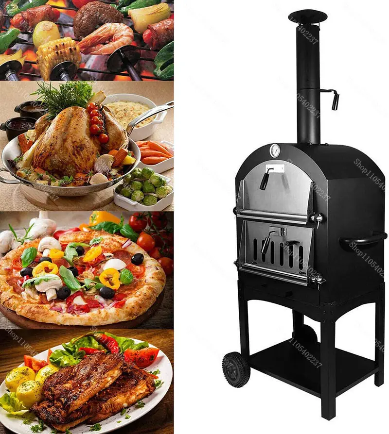 22 Inch Stainless Steel Dual Purpose Outdoor Pizza BBQ Grill Portable Hand Push PP Wheels Backyard