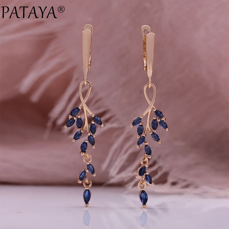 PATAYA Hot Long Leaf Drop Earrings for Women 585 Rose Gold Color With Shiny Blue Natural Zircon Accessories Vintage Daily Fine