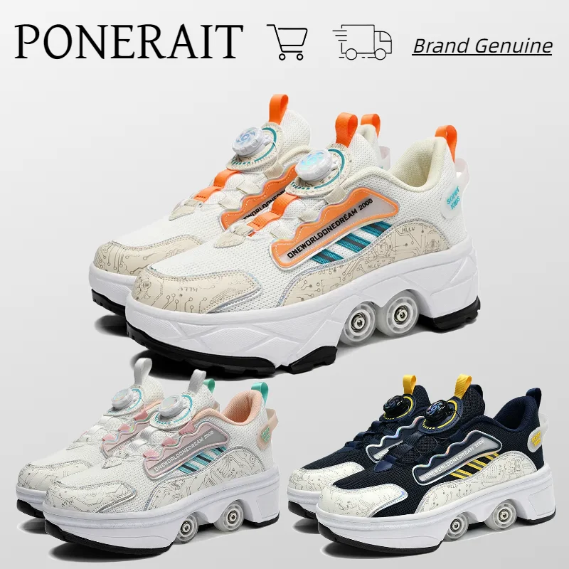 

PONERAIT Double-Row Deformation Retractable Four wheels Roller Skate Shoe Unisex Sneaker Parkour Shoe