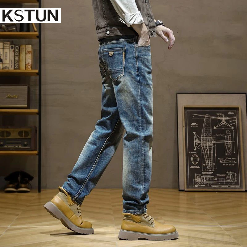 

KSTUN 2026 Classic Men's Straight Jeans Stretch Denim Pants Fashion Pockets Designer Vintage Streetwear Mens High Quality Jeans