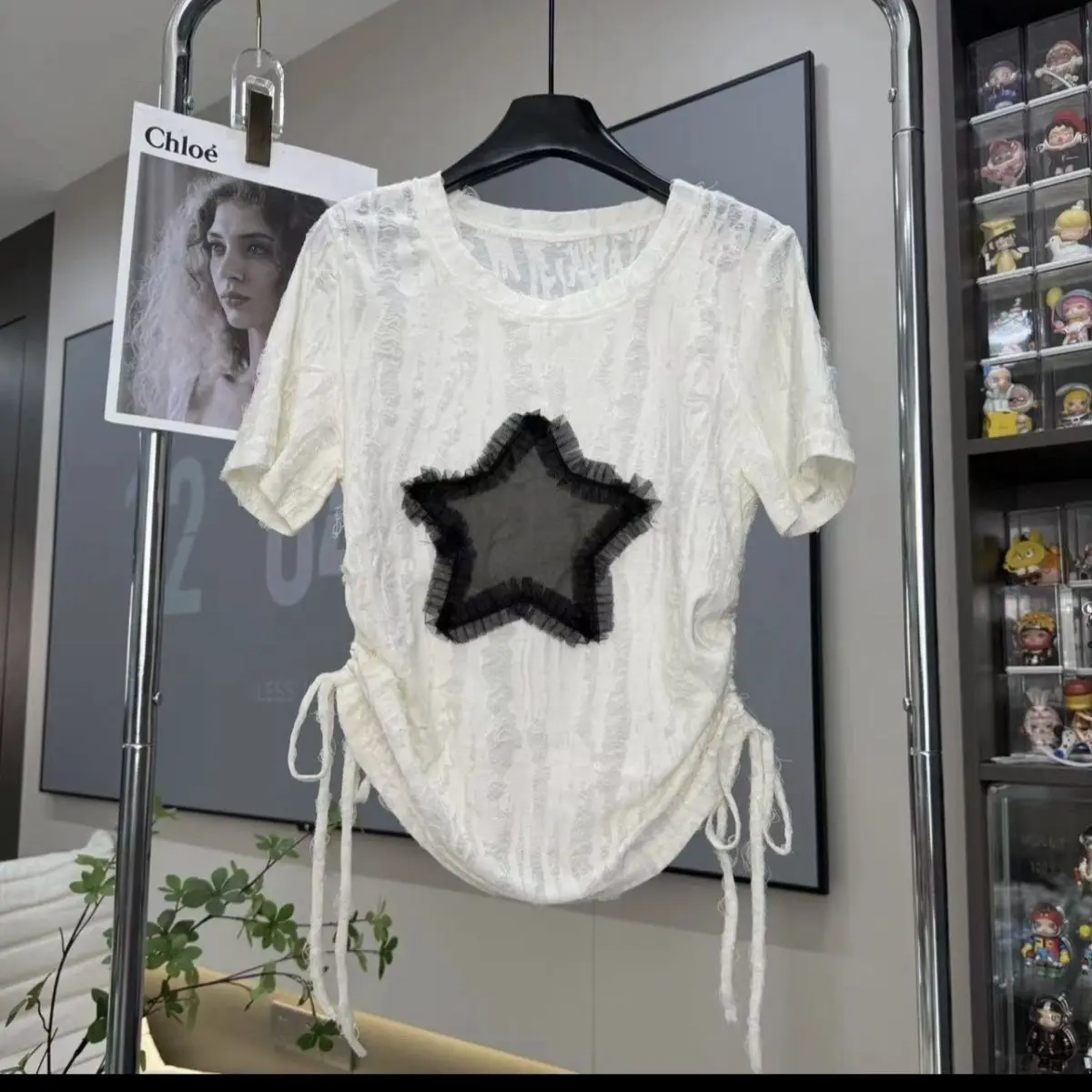 chic Ripped Hole Spliced Drawstring women short sleeve o neck t shirt personality hollow out sweet sexy oversized clothing black