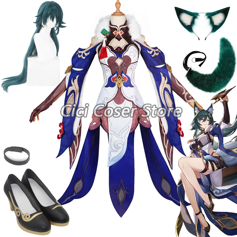 Honkai Star Rail Yukong Cosplay Kostuum Pruik Staart Schoenen Vrouwen Halloween Feest Carnaval Outfits Yu Kong Donkergroen Lang Haar