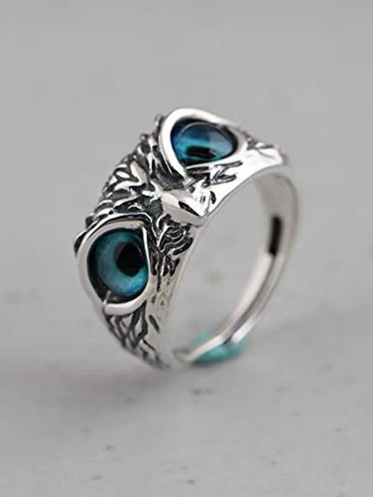 Retro animal opening adjustable blue eyed owl ring for couples image 6