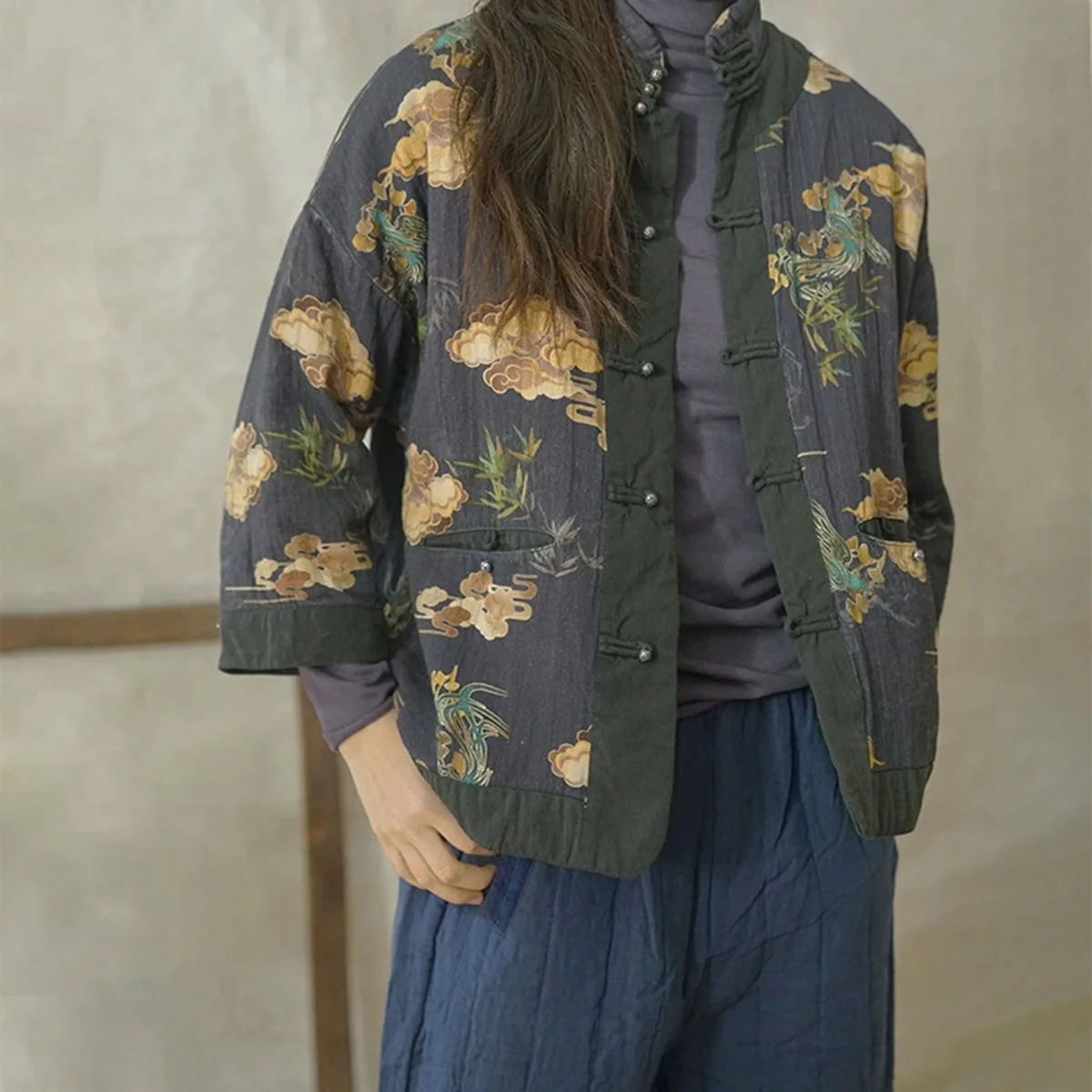 

Women's Cotton Cloud print Soft Loose Jacket Short Coat 3/4 long Sleeves Retro Chinese Classic Style Buttons Padded Warm Outwear