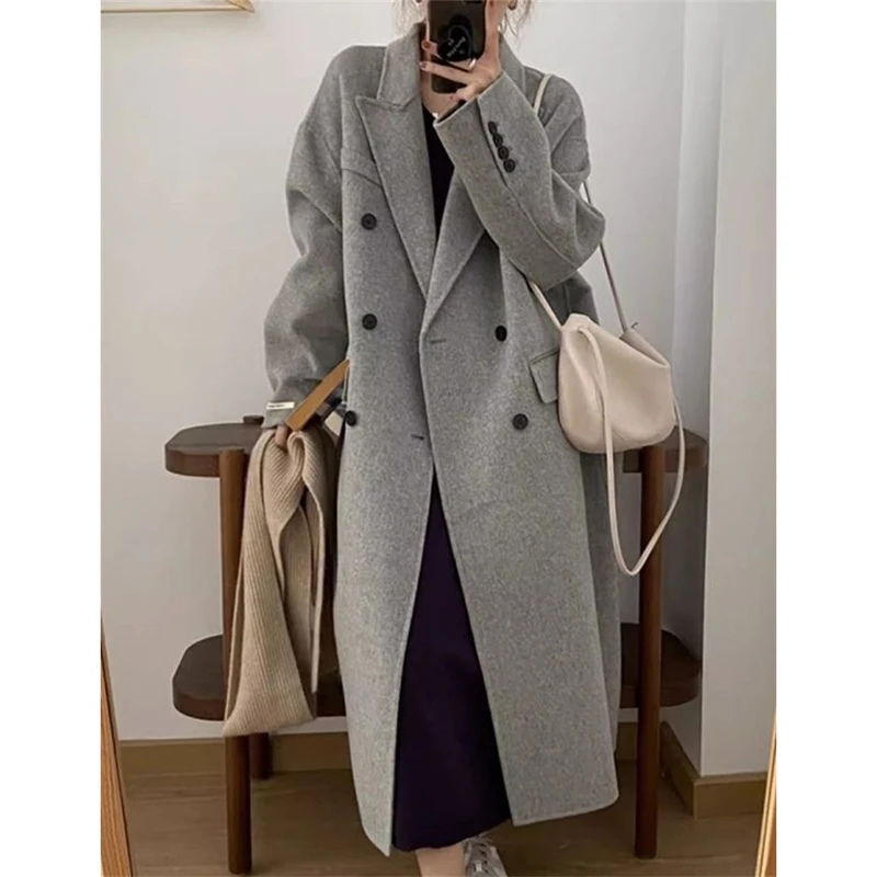 

2025 New Winter Trench Coat For Women Elegant Fashion Korean Casual Wool Coat Lace-up Long Jacket Black Woman Coat