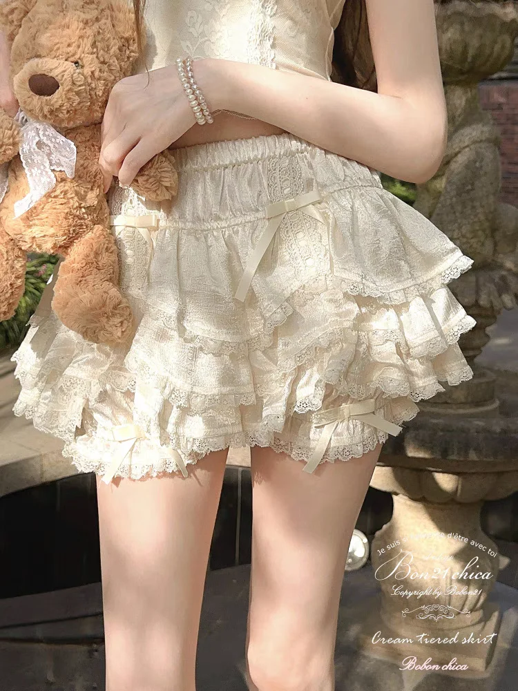 

Princess sweet lolita skirt bobon21 Flower God French style girl pleated satin petal lace skirt pants B2403