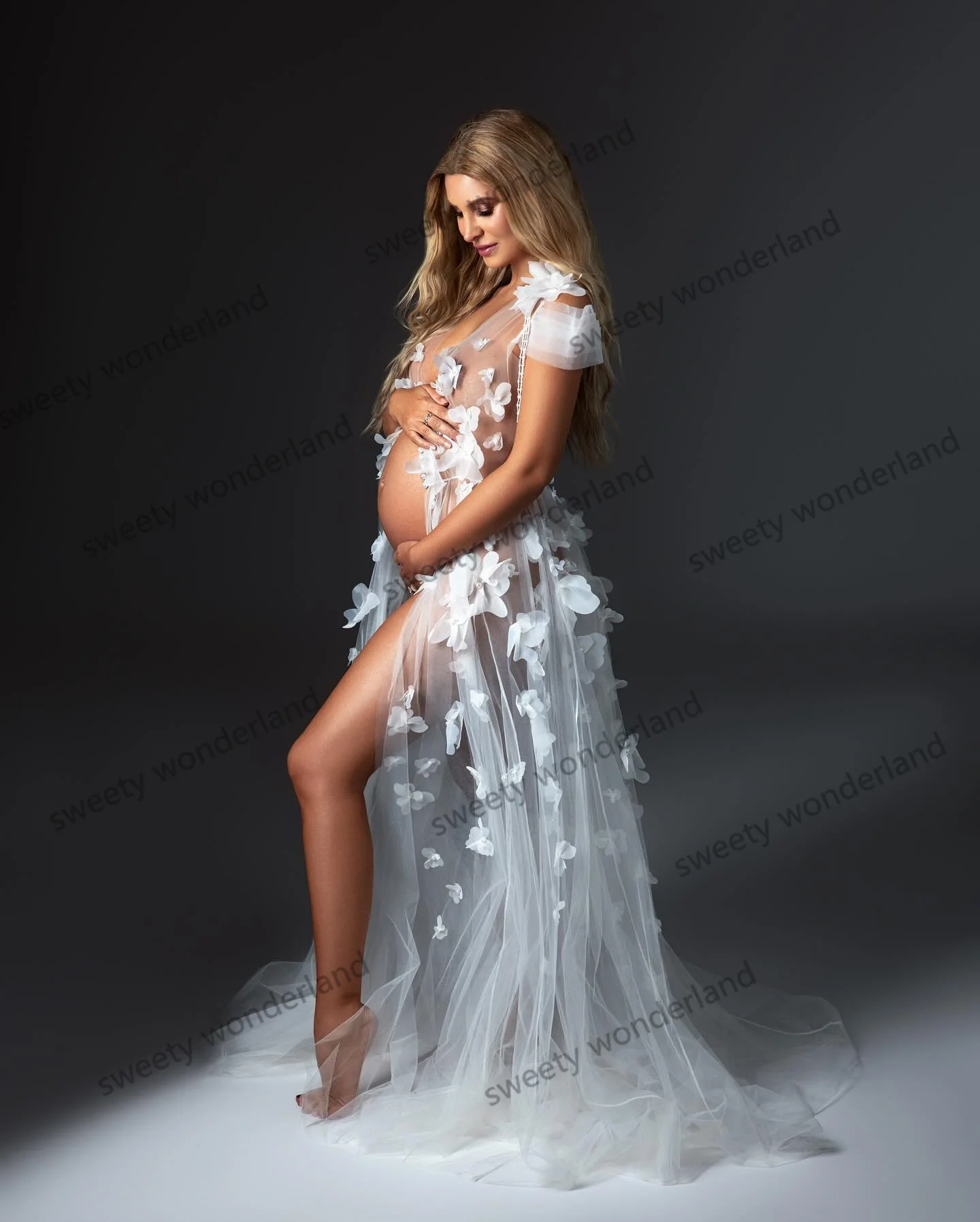 White Prom Dresses Women Tulle Maternity Photoshoot Dress with Floral Appliques Party Robes Baby Shower Gowns